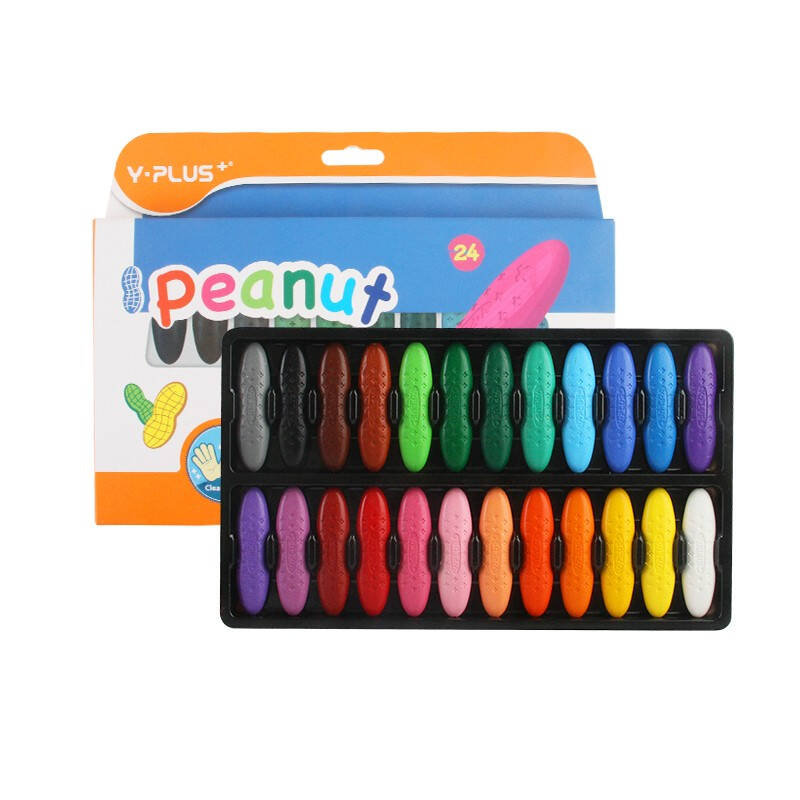 英国YPLUS 儿童24色花生蜡笔套装安全水溶性画笔绘画幼儿园油画棒宝宝腊笔不脏手可水洗儿童创意文具